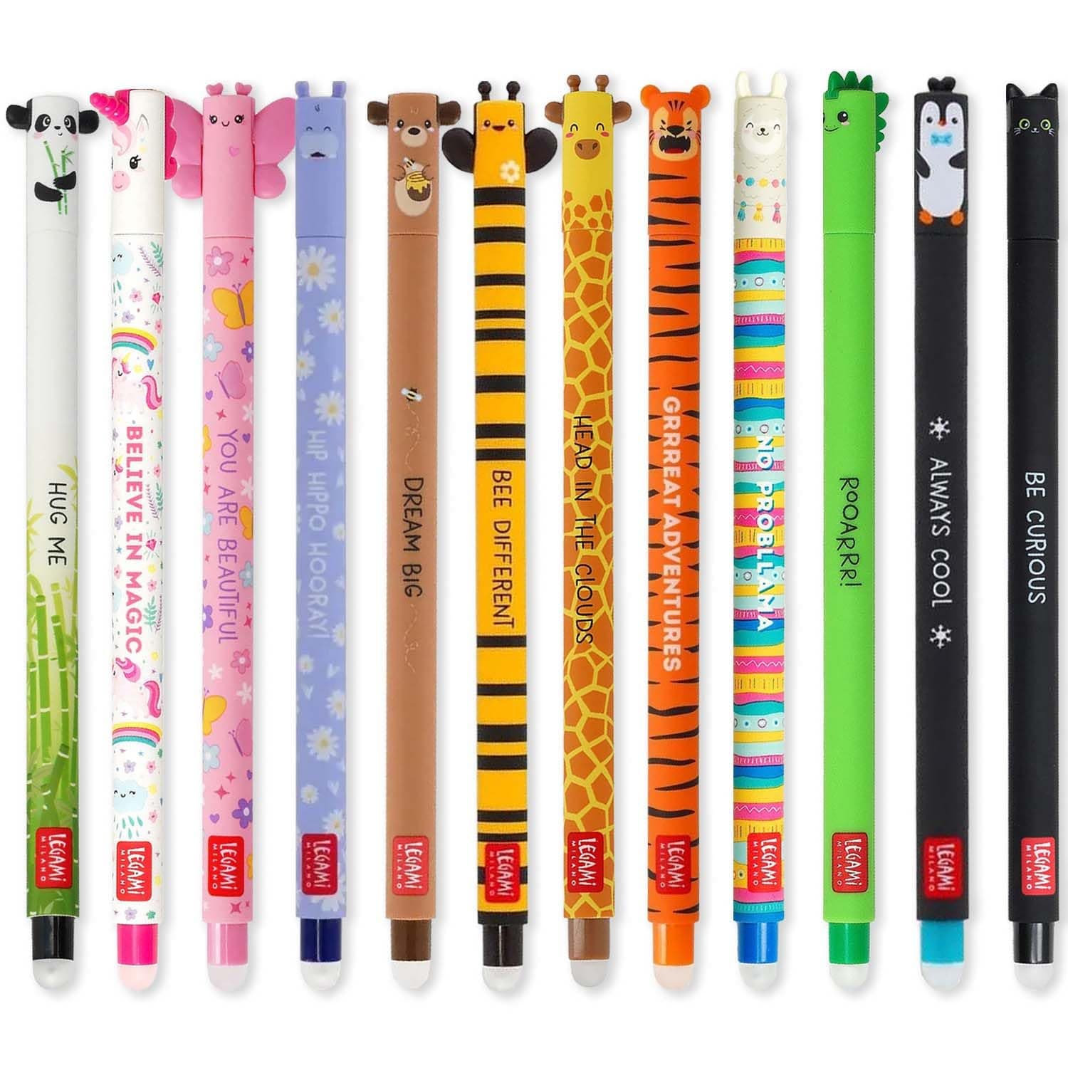 LEGAMI - Set of 12 Erasable Gel Pens with Thermosensitive Erase Ink, Range of ink colours & barrel designs, 0.7mm Tip, Animal Designs - Image 1