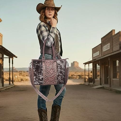 Merbaa Western Cowhide Hairon Leather Tote Bag for Women With Adjustable Tooled Shoulder Strap Leather Purse thumbnail 6