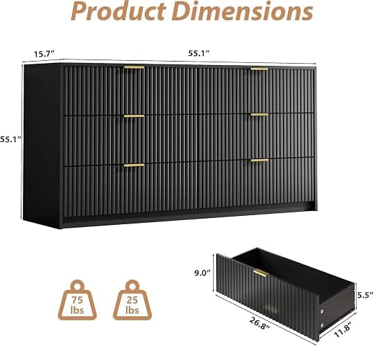 MAISONARIA Black 6 Drawer Dresser for Bedroom, 55" Wide Modern Chest of Drawers with Gold Metal Handles, Fluted Wood TV Stand for Living Room, Hallway thumbnail 2