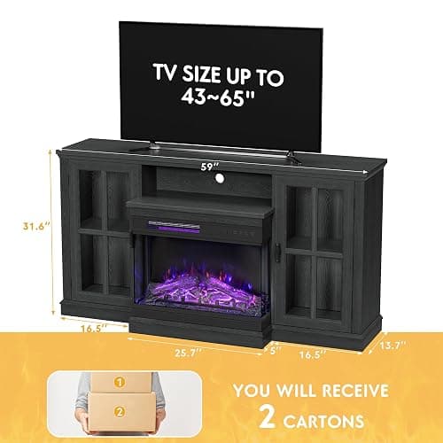 JUMMICO Fireplace TV Stand for TVs up to 65'', 3-Sided Glass Media Entertainment Center Console Table with Cabniet Storage Adjustable Flame LED Color for Living Room (Black) thumbnail 2
