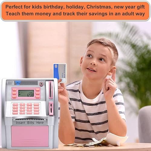 YaBao Pounds Version Electronic ATM Savings Bank Digital Piggy Money Bank Machine,Electronic Cash Box with Debit Card,Password Login,Voice Prompt,Coin Recognition,Targets Setting (Silver/Pink) thumbnail 7