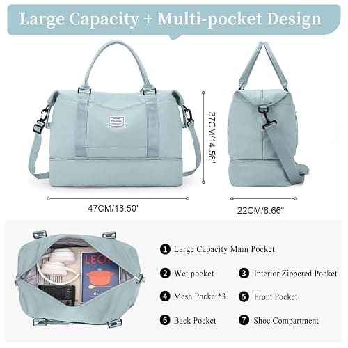 Weekender Bags for Women,Personal Item Travel Bag with Shoes Compartment,Overnight Travel Duffel Bag with Toiletry Bag - Large - Light Blue thumbnail 4
