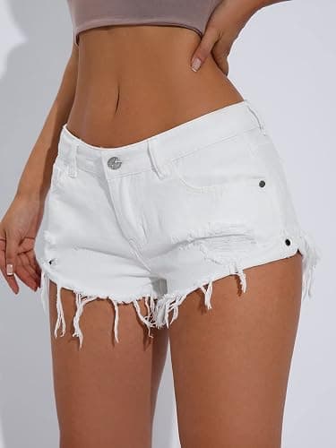 WDIRARA Women's Low Waist Button Ripped Raw Hem Denim Shorts with Pockets thumbnail 4