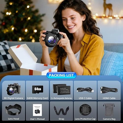 8K 88MP Digital Camera WiFi Cameras for Photography with 3.2" Touchscreen | 16X Zoom, Autofocus, Professional Dual Camera, Anti-Shake, 2 Batteries & Charging Stand, 64GB Card, Flash, Lens Hood thumbnail 9