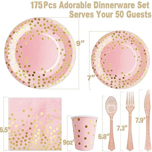 AIRE 175PCS Pink Rose Gold Plates Party Supplies Severs 25 Guests Disposable Party Decorations, Plastic Forks Knives Spoons, Golden Dot Paper Plates Napkins Cups for Baby Shower Birthday Wedding thumbnail 3