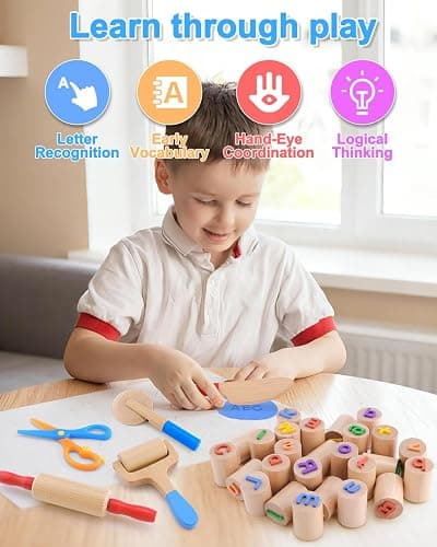 Wooden Dough Tools Kit for Kids, Dough Accessories with Rolling Pins, Pizza Cutter, Safety Scissors & 26 Letter Stamps, Educational Alphabet Learning Toys Gift for Toddlers Ages 3–6 thumbnail 7