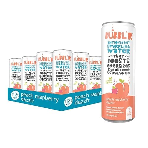 BUBBL'R peach raspberry dazzl'r, Antioxidant Sparkling Water with Natural Caffeine, 0g Sugar, Gluten Free, All Natural Flavors, 12 Fl Oz Cans, 12 Count (12 Fl Oz (Pack of 12), peach raspberry dazzl'r) - Image 1