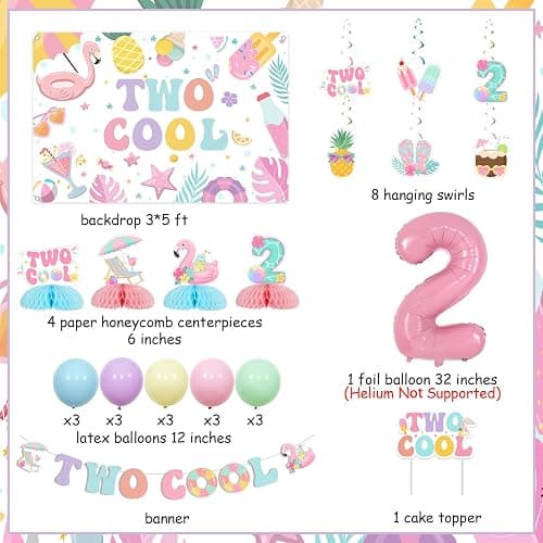 Funmemoir Two Cool Pool Birthday Party Decorations for Girls 2nd Birthday, Macaron Color Backdrop Banner Cake Topper Balloons Honeycomb Centerpieces for Summer Swimming Beach Theme Party thumbnail 6