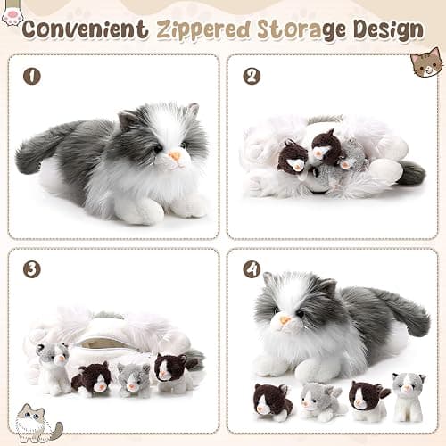 HyDren 5 Pcs Realistic Ragdoll Cat Stuffed Animal, 17.75 Inches Large Ragdoll Cat Mommy Plush with 4 Cute Babies Soft Plush Kittens Set for Girls Boys Birthday Party Favors(Grey) thumbnail 4