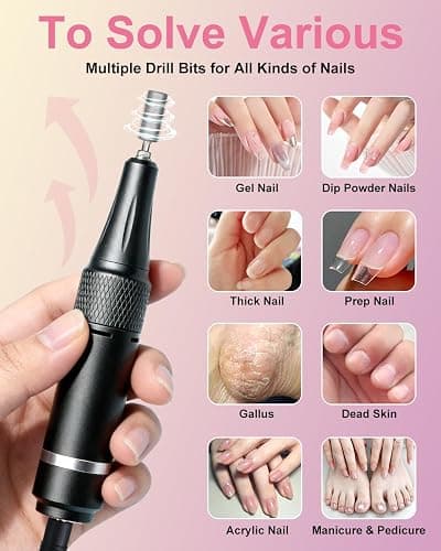 Professional Nail Drill Kit 35000RPM Clip-On Portable Cordless Rechargeable Adjustable Speed with LCD Display and 14 Bits for Acrylic Gel Manicure Pedicure Suitable for Salon Home and DIY Nail thumbnail 5
