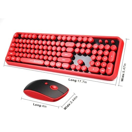 Wireless Keyboard Mouse Combo, 2.4GHz Wireless Typewriter Keyboard with 104 Cute Retro Round Keys, Letton Full Size Keyboard and Mouse with 3 DPI for Computer Mac PC Laptop-Black/Red thumbnail 2