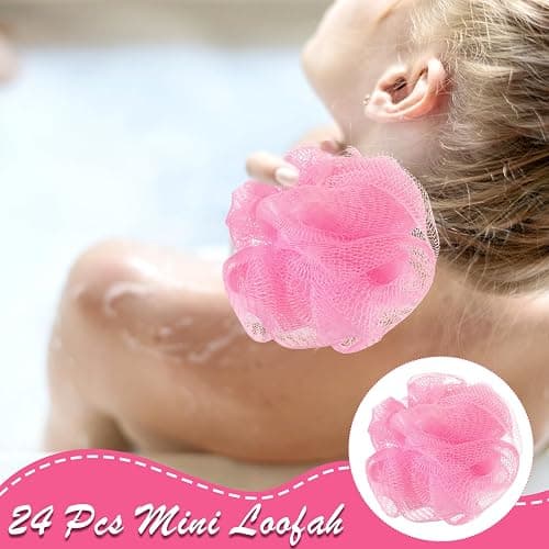 Shellwei 24 Pcs 3 Inch Mini Loofah Travel Size Bulk Shower Sponge, Pink | Pouf Mesh for Women, Kids, Men, Exfoliating, Body Scrubber, Baby Shower Favor thumbnail 4