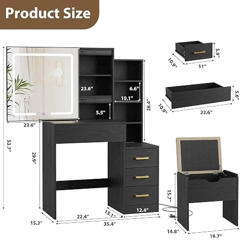 GarveeHome Makeup Vanity Desk with Sliding Mirror, Vanity Dressing Table with 3 Color Adjustable Lights, Girls Vanity Set with Stool, 4 Compact Vanity Drawers, Power Outlet, Black thumbnail 2
