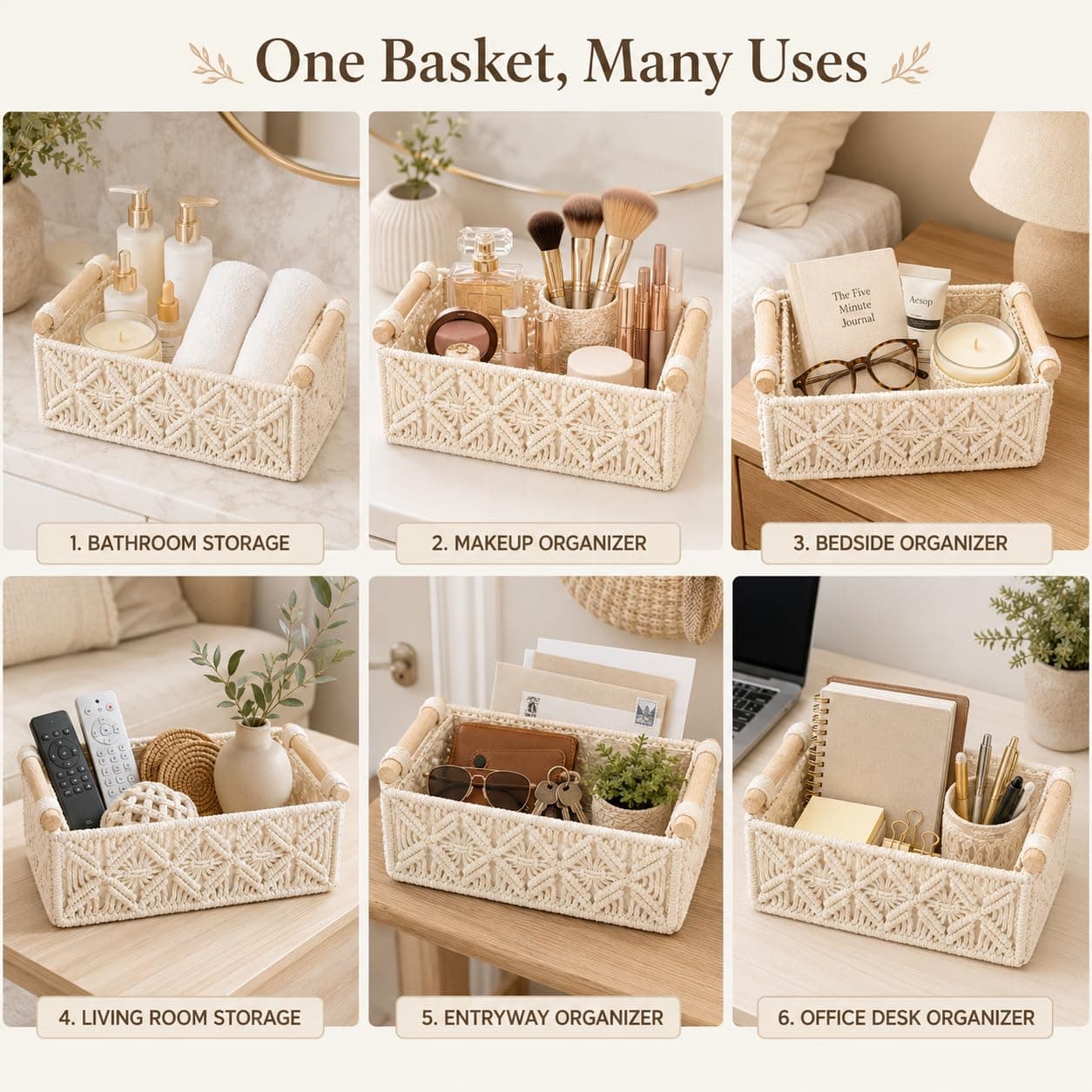 Vespara Toilet Paper Storage Basket for Living Room Storage, Small Paper Rope Scalloped Basket with Wooden Handles for Tank Top for Home Decor Bedroom Nursery Entryway(White) thumbnail 7