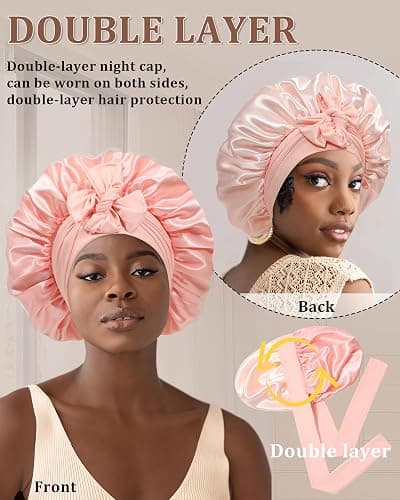 Reversible Satin Bonnet for Sleeping Women Double Layer Hair Bonnet with 2PCS Hair Scrunchies Elastic Tie Band Night Cap thumbnail 4