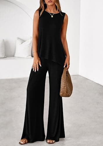 PRETTYGARDEN Women's 2026 Two Piece Matching Lounge Sets Asymmetrical Split Tank Tops Wide Leg Pants Summer Outfits Tracksuit thumbnail 7