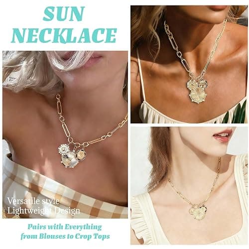 HETICA Chunky Gold-Plated Necklace for Women Heart Pendants Necklace Sun Flower Necklace Fashion Hip Hop Choker Gift thumbnail 5