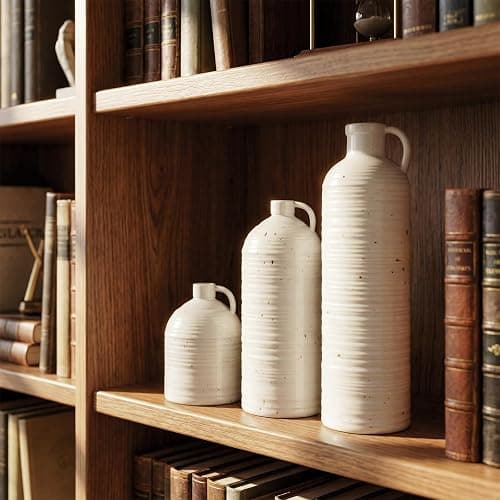 Firehold Ceramic Vase Set of 3, Rustic Home Decor Vases for Modern Farmhouse, White Boho Flower Vases for Shelf, Mantel, Table Decor, Small Decorative Vase for Dried Flowers & Pampas Grass thumbnail 7