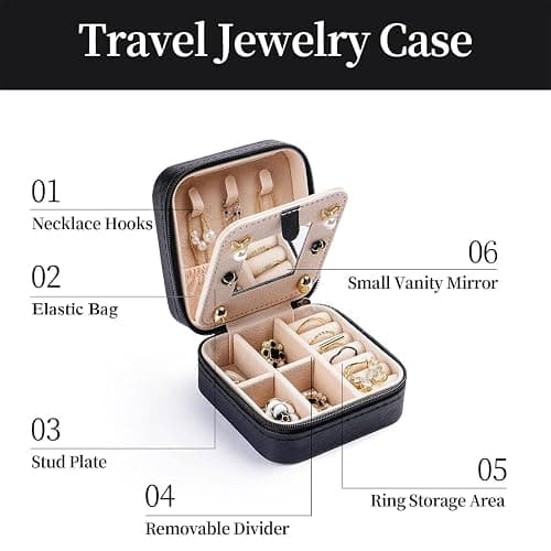 Artinhand Norwegian Rosemaling Folk Style Small Travel Jewelry Case with Mirror Portable Black PU Leather Box Earrings Necklaces Rings Bracelets Storage Organizer Gift for Women And Girls thumbnail 3