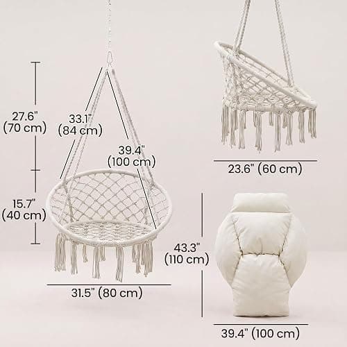 Outsunny Hammock Swing Chair w/Large Cushion Cotton Rope Chain Cream White | Outdoor Hanging Chair, Weaving Macrame Swing, 265 LBS Capacity, for Indoor Outdoor Bedroom Patio Balcony thumbnail 3