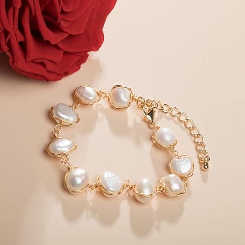 Cowlyn Pearl Bracelet Baroque Cultured Pearl Link, 14K Gold Plated Beaded Link Chain Charm Bracelets for Women Handmade Jewelry thumbnail 5