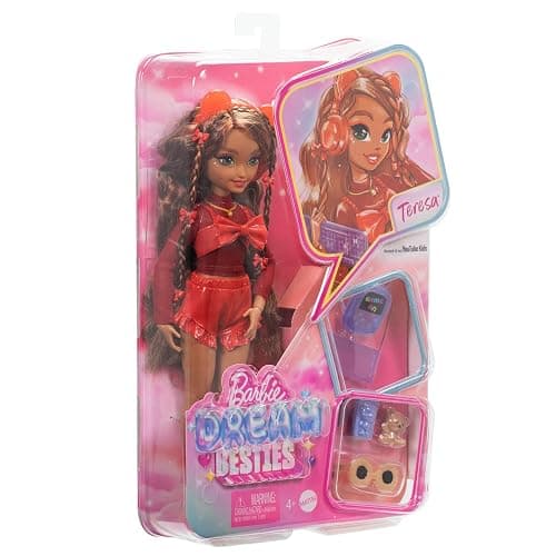 Barbie Dream Besties Playset, Teresa Posable Fashion Doll with Brown Hair & Hairstyling Clips, 10 Video Game-Themed Accessories thumbnail 6