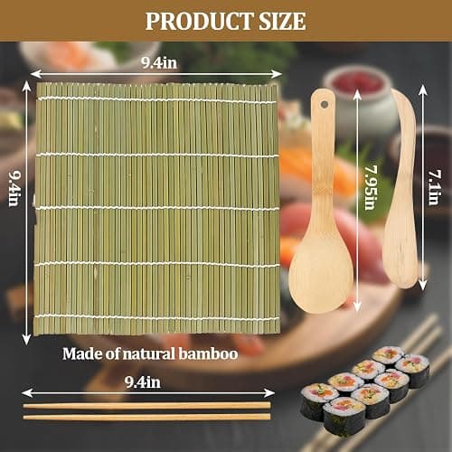 Sushi Making Kit, 6 PCS Beginner Sushi Maker Set, Including 2 Green Bamboo Rolling Mats, 2 Pairs Chopsticks, 1 Paddle,1 Spreader, Natural Bamboo Material, Ideal Gift for Kids, Friends, Home Chef thumbnail 3