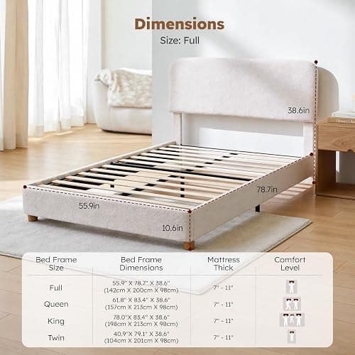 BERRY NEST Full Size Cloud Bed Frame, Upholstered Boucle Bed Frame with Adjustable Headboard, Solid Wood Legs, Rounded Corners Design & Easy Assembly – Modern Platform Bed,Cream thumbnail 5