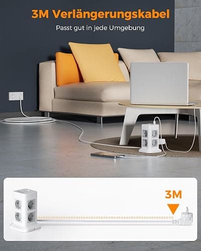 TESSAN 8 Fach Mehrfachsteckdose mit USB C, Verlängerungskabel 3M mit 4 USB und Steckdosenleiste Überspannungsschutz, 3600W Steckdosenturm mit Schalter, Steckdosenwürfel für Büro, Grau thumbnail 4