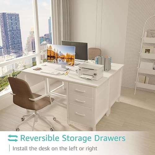 Lufeiya White Desk with File Drawers Cabinet, 47 Inch Reversible Computer Desk with Fabric Filing Cabinet for Bedroom Small Space Home Office, Modern Writing Table PC Desks, White thumbnail 4