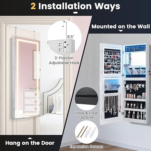 CHARMAID LED Mirror Jewelry Cabinet, Lockable Jewelry Armoire with Adjustable Lighted Full Length Mirror, 3 Lighting Sets, Wall Mounted Door Hanging Jewelry Storage Organizer (Grayish White, 42.5''H) thumbnail 7