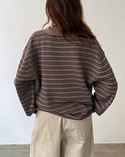 Oversized Striped Sweater for Women Collared Long Sleeve Preppy Polo Sweater Vintage Aesthetic Knitted Rugby Shirts thumbnail 3