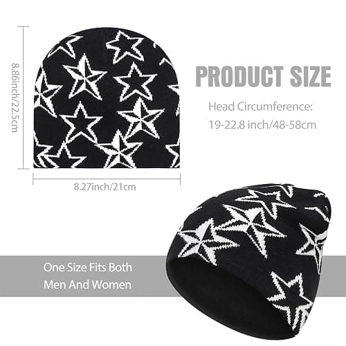 Supaico Men Women Y2K Beanies Gothic Graphic Knitted Hat Winter Warm Beanies Casual Outdoor Skull Cap - Black White Star - Beanie thumbnail 2