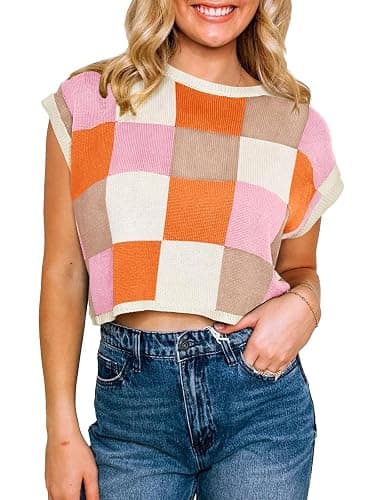 Saodimallsu Womens Cap Sleeve Crop Tops Summer Color Block Going Out Crew Neck Knit Trendy Casual Sweater thumbnail 2
