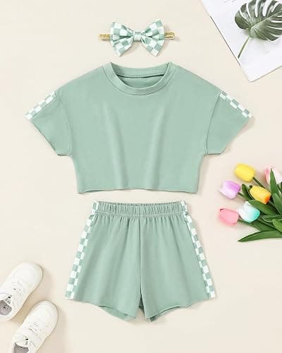 SANMIO Toddler Girl Clothes Summer 3 Piece Outfits Cute Short Sleeves Checkered Tops Shorts and Headband Girls Clothing Set thumbnail 5