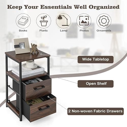 COSTWAY Nightstand with 2 Fabric Drawers, 3-Tier Bedside Sofa Side Table with Open Shelf, Metal Frame, Industrial End Table for Bedroom, Living Room, Dormitory, Walnut thumbnail 5