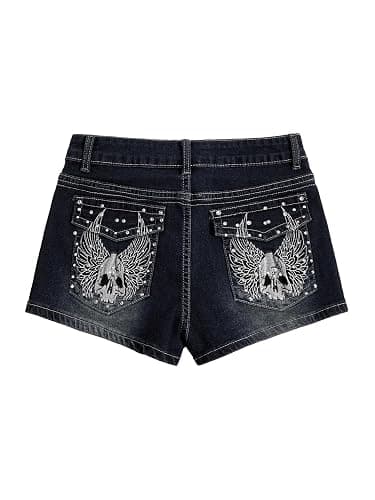WDIRARA Women's Cross Embroidery Rhinestone Denim Shorts Y2k Grunge Punk Jean Shorts - Image 1