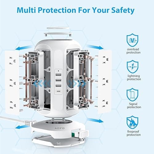 Tower Power Strip Flat Plug with 12 Outlets 4 USB(1 USB C),AOFO Surge Protector Charging Station with Overload Protection, Widely Spaced Multiple Outlets 10Ft Extension Cord for Home, Dorm,Office - 10FT - White thumbnail 5