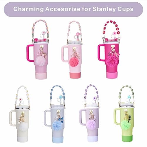 Stanley Tumbler Accessories - 7pc Set for 30/40 oz Cup, Including Handle Strap, Cup Boot, Straw Cover, Plush Ball and Key Charm, Purple - Purple thumbnail 7