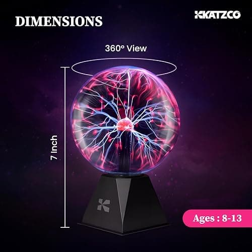 Katzco 7 Inch Plasma Ball Lamp - Touch and Sound Sensitive Electric Globe with Lightning Effects - Plug-in Energy Ball for Parties, Room Decor, and STEM Learning - Static Electricity Sphere for Kids thumbnail 3