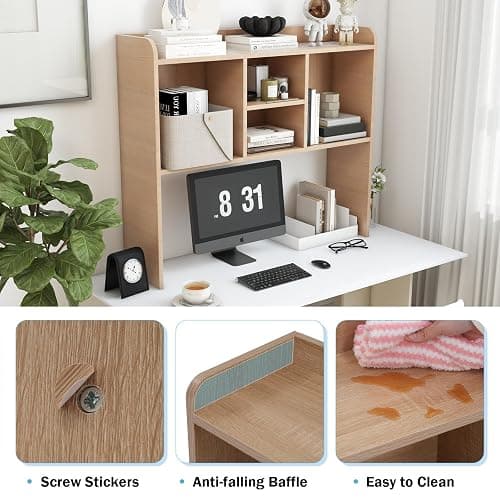 COBANA Desktop Bookshelf, Countertop Storage Hutch with 5 Shelves for Computer Desk, Desk Shelf for Top of Desk Organizer for Office Home Dorm, Wood - Wood thumbnail 3