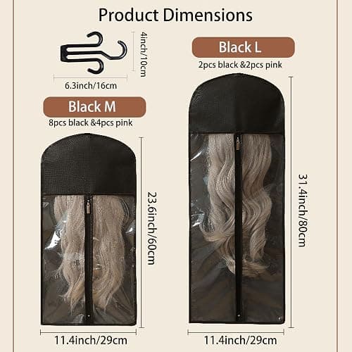Nenkarn 16Pcs Wig Storage Bags with Hanger, 2 Sizes (23.6"/31.4") Dust-proof & Water-resistant Hair Extension Organizer, Clear Window Hanging Wig Holders for Multiple Wigs, Black & Pink thumbnail 3