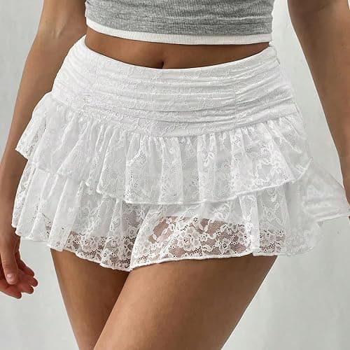 Y2K Lace Tiered Mini Skirt for Women Ruffled Pleated Lace Trim Half Slip Low Rise Flowy Short Skirts Halloween Underskirt thumbnail 3