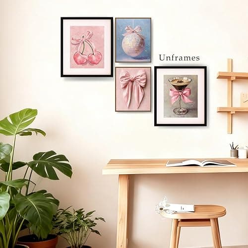 Qykwz Preppy Girly Pink Bow Wall Art Prints, Coquette Pink Bow Cherry Disco Ball Espresso Martini Posters Pictures Wall Decor for Girls Bedroom Dorm Home Bar Club, 8x10 Unframed Set of 4 thumbnail 4