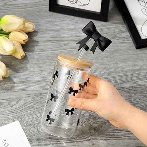 Skylety Set of 2 Coquette Black Bow Glass Cup 16oz Glass Cup with Lids and Straws Reusable Silicone Straw Toppers Lids Protectors 2 Brush for Drinking Coffee Tea Cocktail(Bow) thumbnail 6