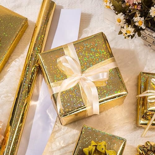 Yarcony Gold Wrapping Paper Roll, Holographic Space Wrapping Paper - 17 Inch x 33 Feet - Shiny Iridescent Galaxy Design Thick Gold Gift Wrap Paper for Birthday, Wedding, Christmas,Baby Shower thumbnail 6