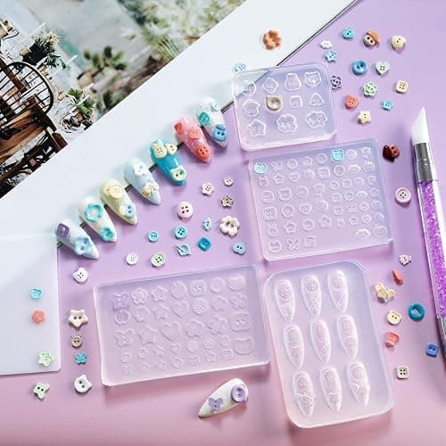Laza 4pcs Button Silicone Nail Art Molds, 3D Multiple Shapes Embossed Button Nail Charms Nails Accessories with Carving Pen Resin Nail Art Mold Manicure Tools for Manicures Design thumbnail 2