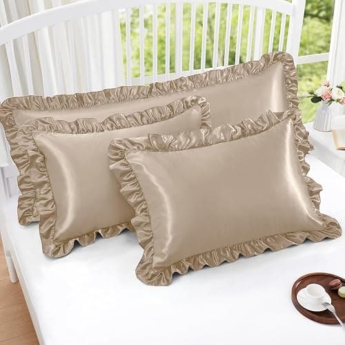 Homiest Ruffle Satin Pillowcase for Hair and Skin, Standard Size Satin Pillow Covers Silky Pillow Cases Set of 2, Satin Ruffled Pillowcase with Envelope Closure, Anti Wrinkle Pillow Shams (Taupe) thumbnail 2