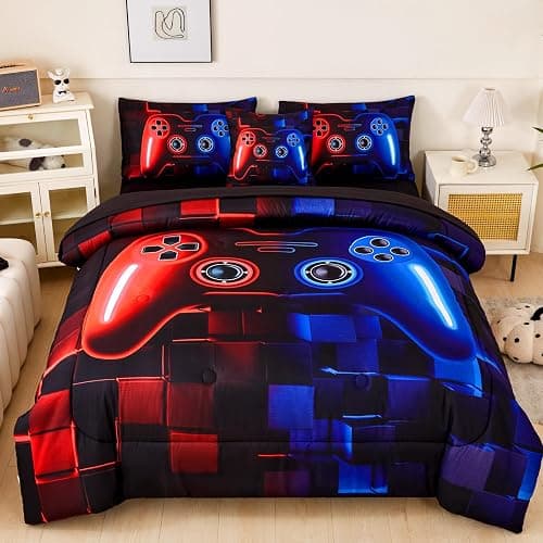 ASKOTU 6 Pcs Full Boys Bedding Set, Red Blue Gamer Comforter Set for Boys with Sheets, Microfiber Geometric Gamer Full Size Bedding Set for Boys - Red-blue - Full-6pcs - Image 1