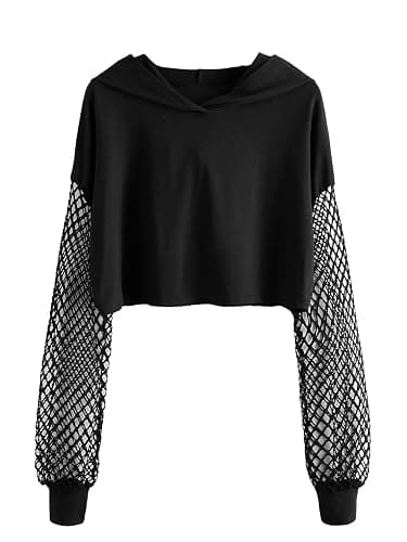 Verdusa Women's Fishnet Crop Hoodie Drop Shoulder Long Sleeve Sweatshirt Pullover - Image 1